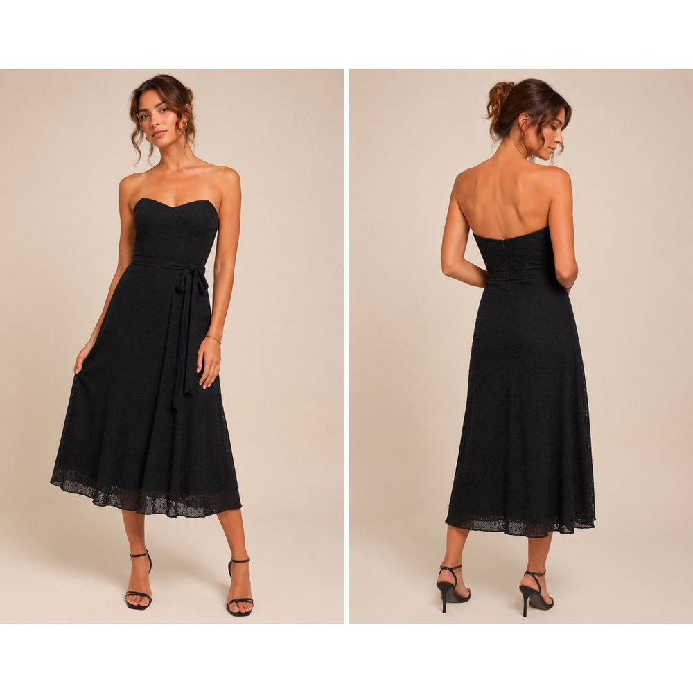 Hi Studio Jonathan Martin Black 100% Silk Eyelet Strapless Midi Dress‎ Size 16